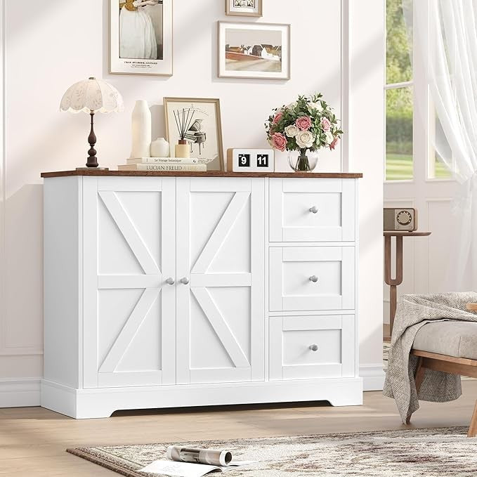 White & Brown Sideboard Cabinet with 3 Drawers & 2 Doors, Wooden Storage Unit