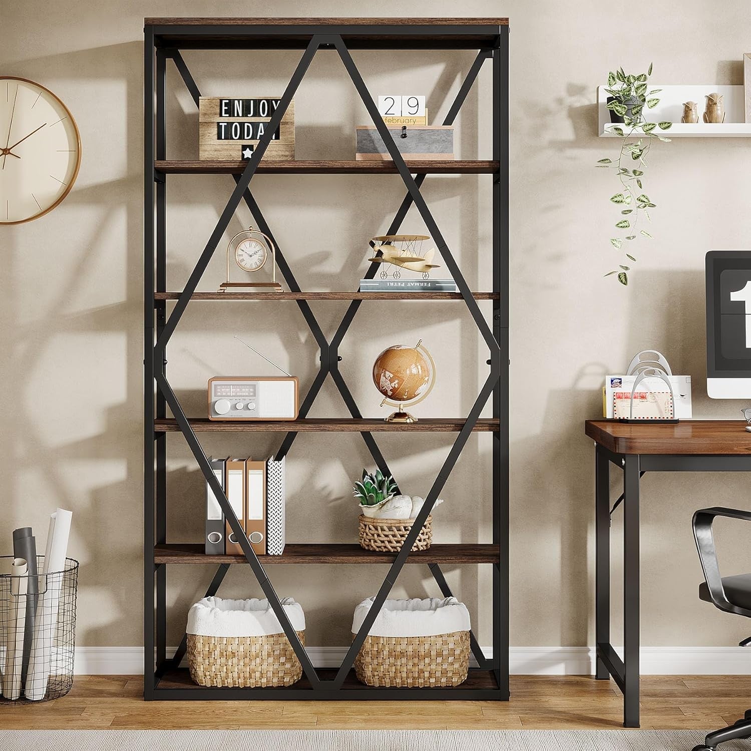 71-Inch Industrial 6-Tier Tall Bookshelf | Rustic Wood & Metal Display Shelving