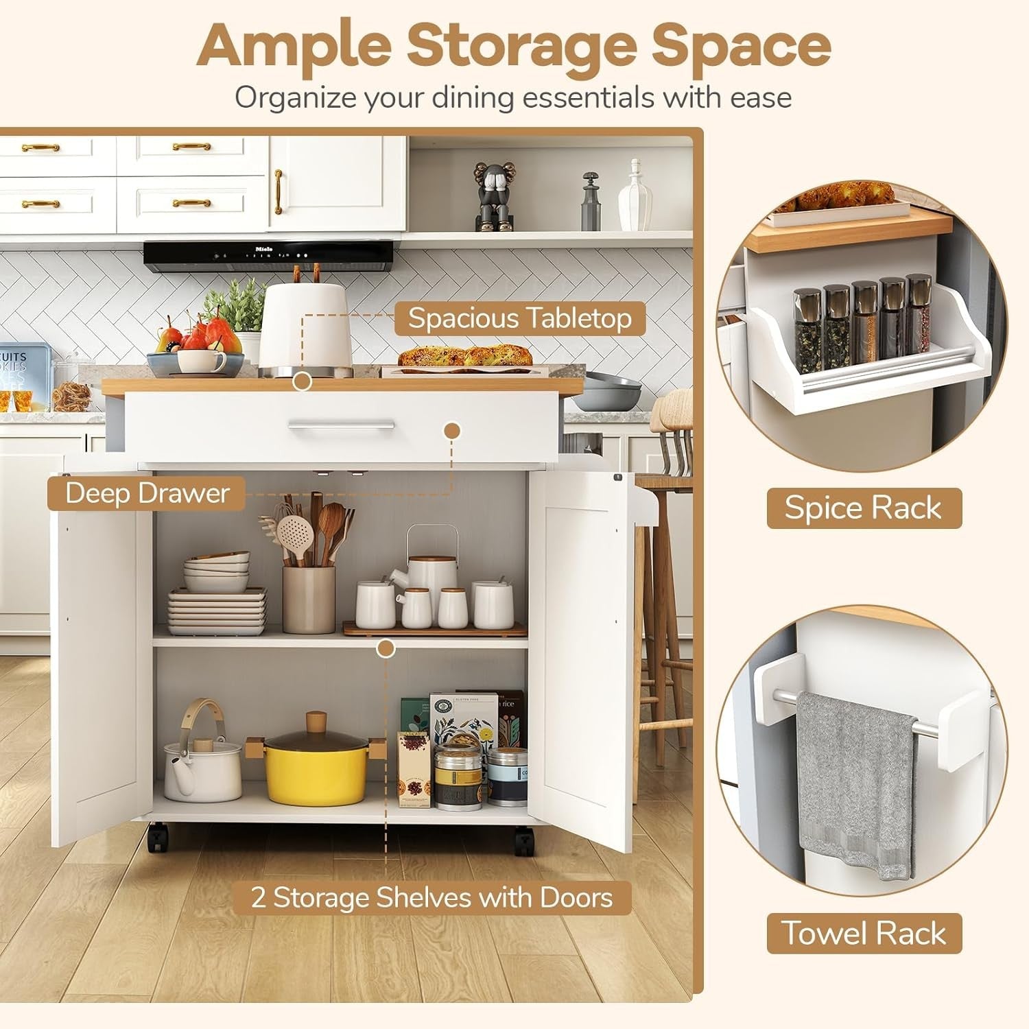 Kitchen Storage Trolley Rolling Island Cabinet Large Drawer Cupboard
