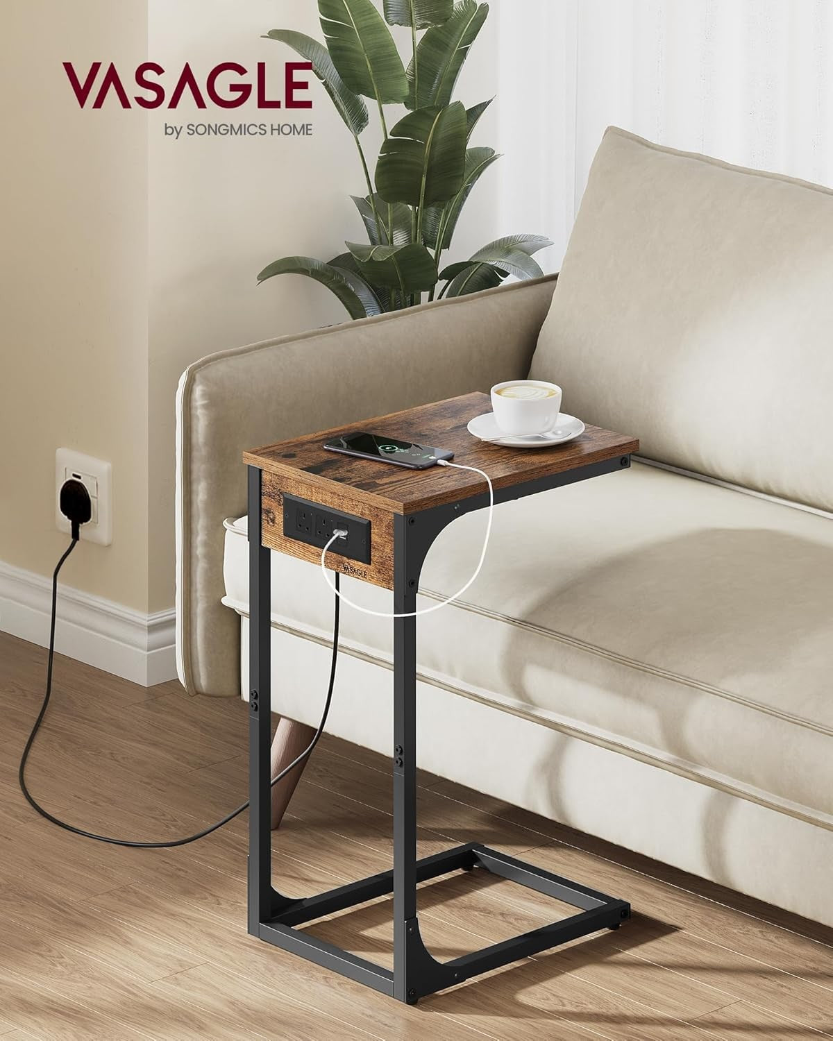 C-Shaped Side Table with Charging Station, Adjustable Feet, Rustic Brown
