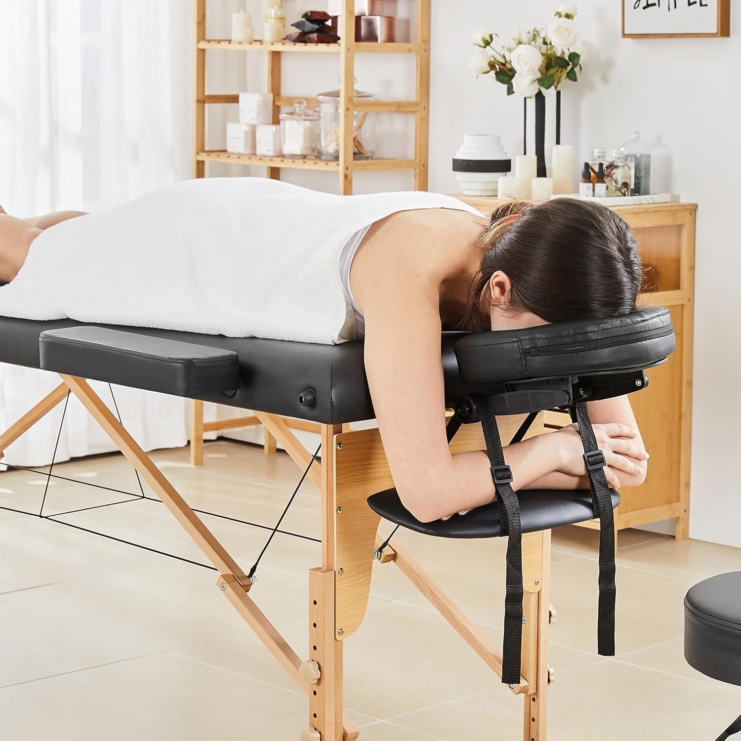 60cm Portable Massage Table | Foldable Wooden Lash Beauty Bed 2-Section Black