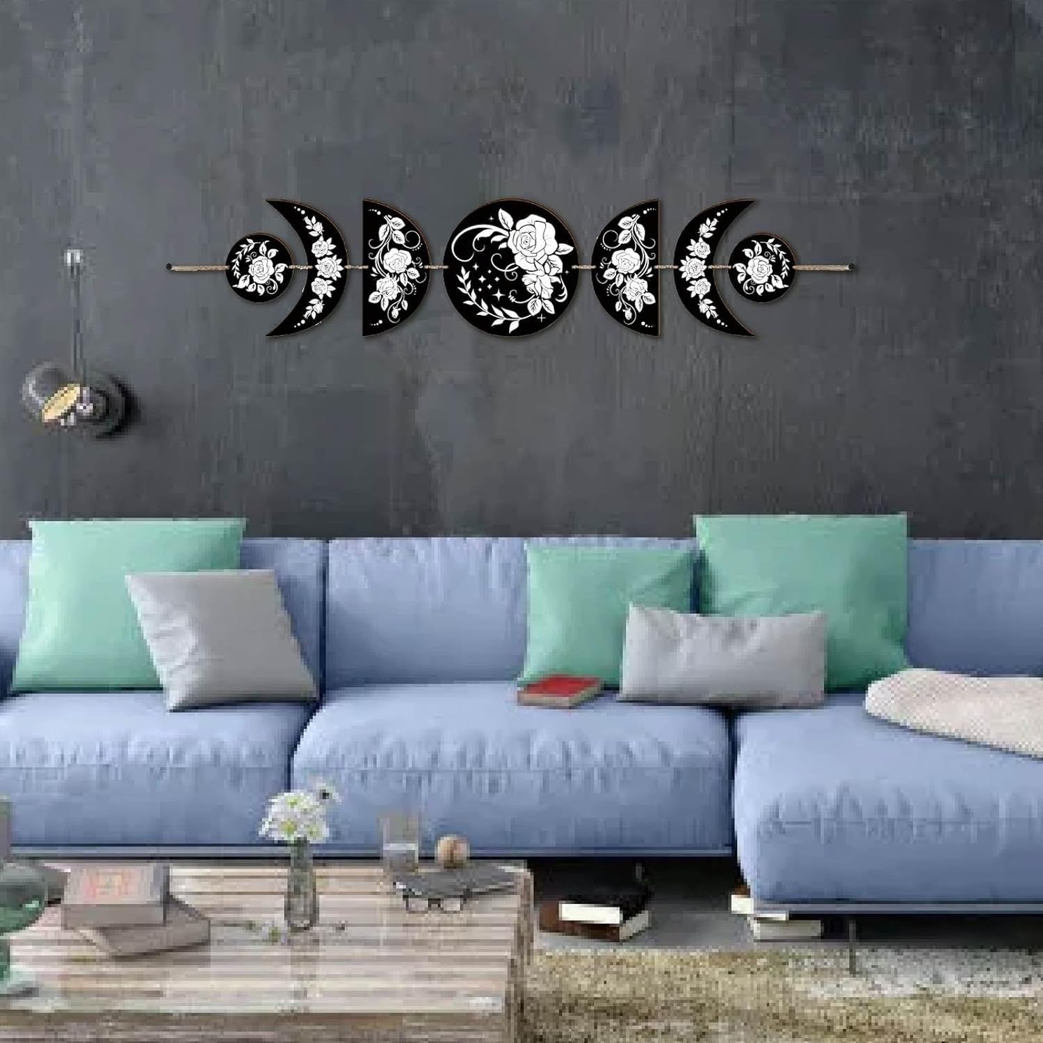 Rose Moon Phase Wall Hanging Boho Wooden Witchy Decor 7pcs