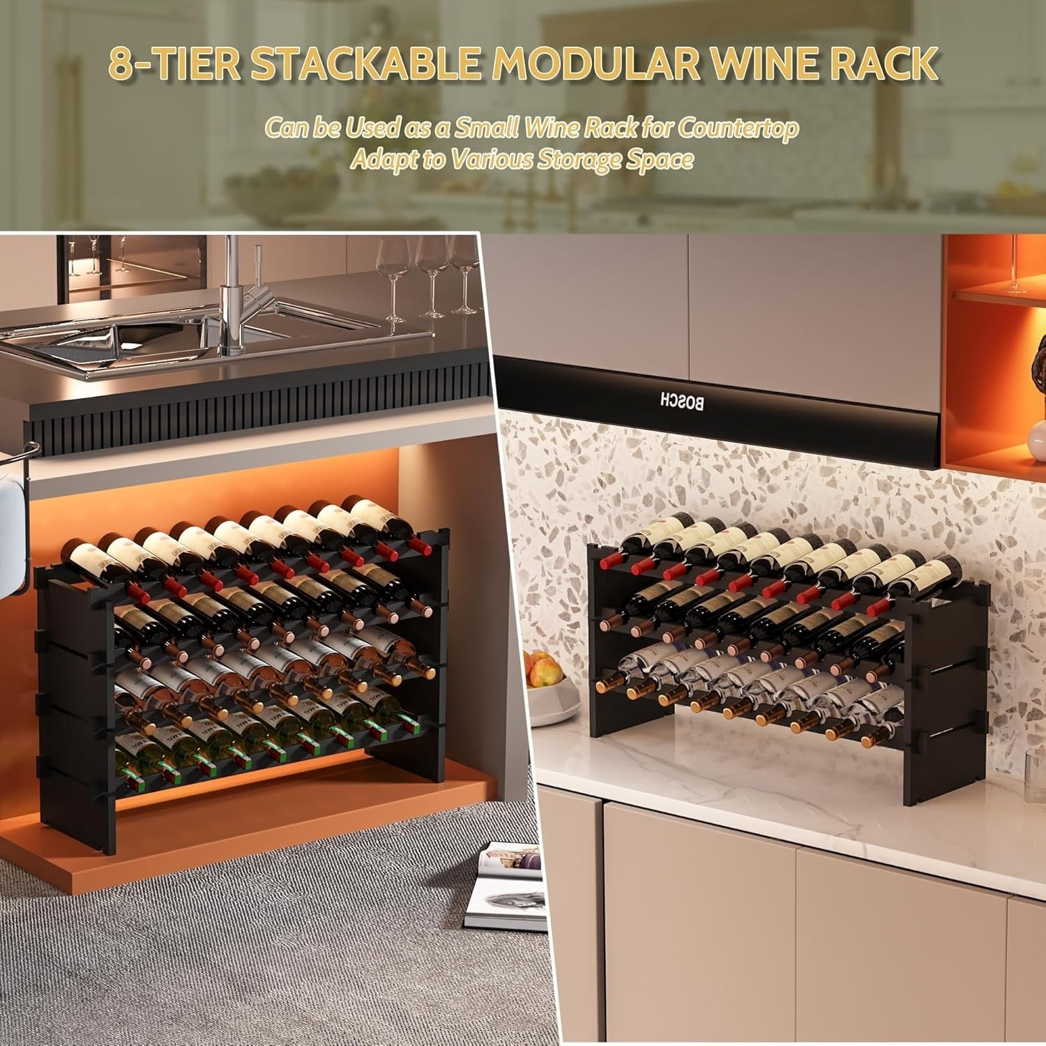 69 Bottle Wine Rack Floor Standing Black Bamboo 8-Tier Stackable Storage Shelf