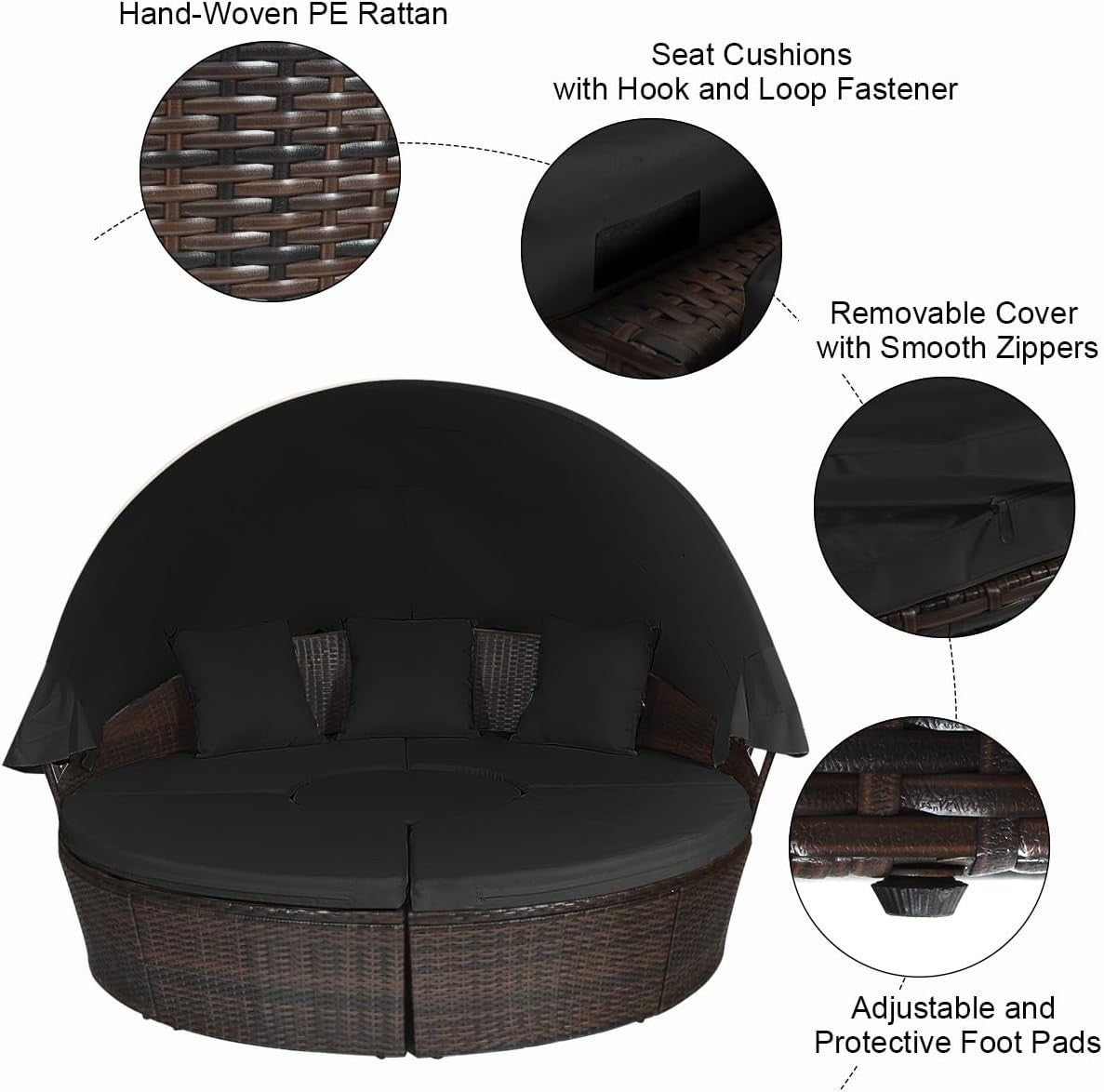 5PC Rattan Garden Daybed Set 190×177×146cm | Canopy & Coffee Table
