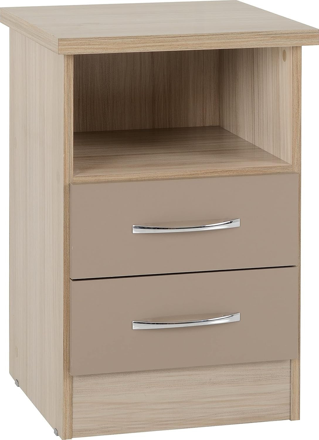2 Drawer Bedside Table in Oyster Gloss & Light Oak – Modern Nightstand