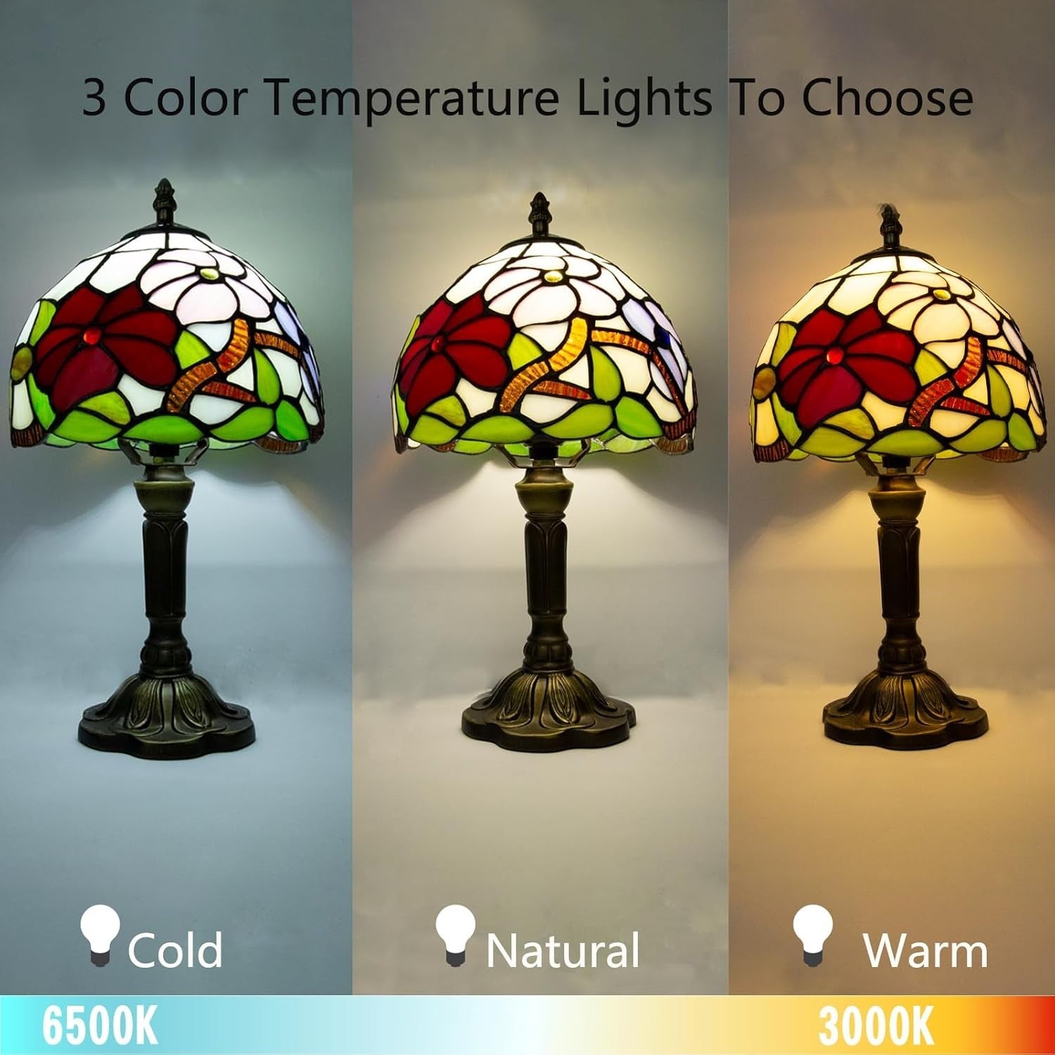 8x5x10in Stained Glass Table Lamp Red Rose Art Deco 3 Light Modes