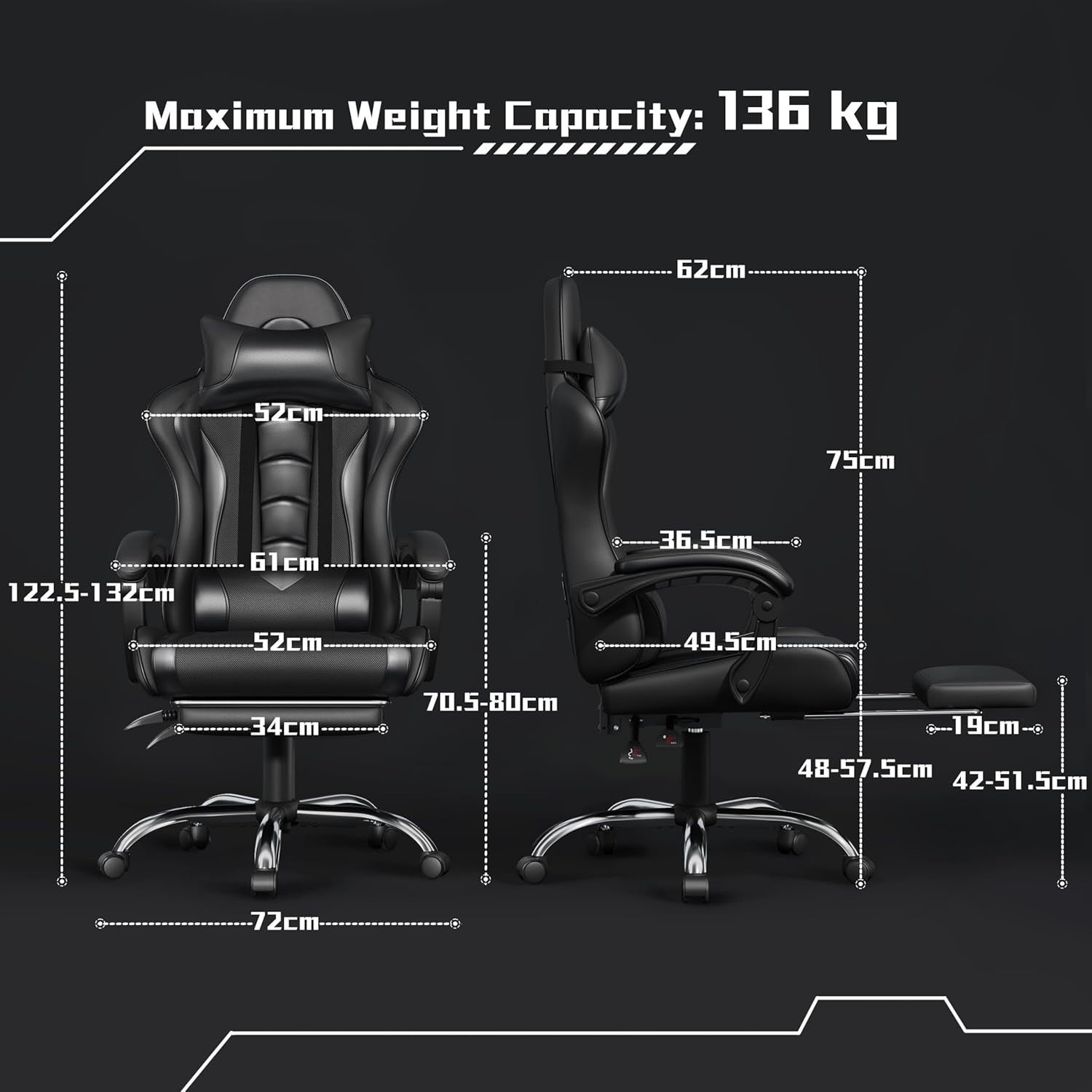 Gaming Chair Recliner w/ Massage Lumbar Pillow, Footrest, Faux Leather PC Seat