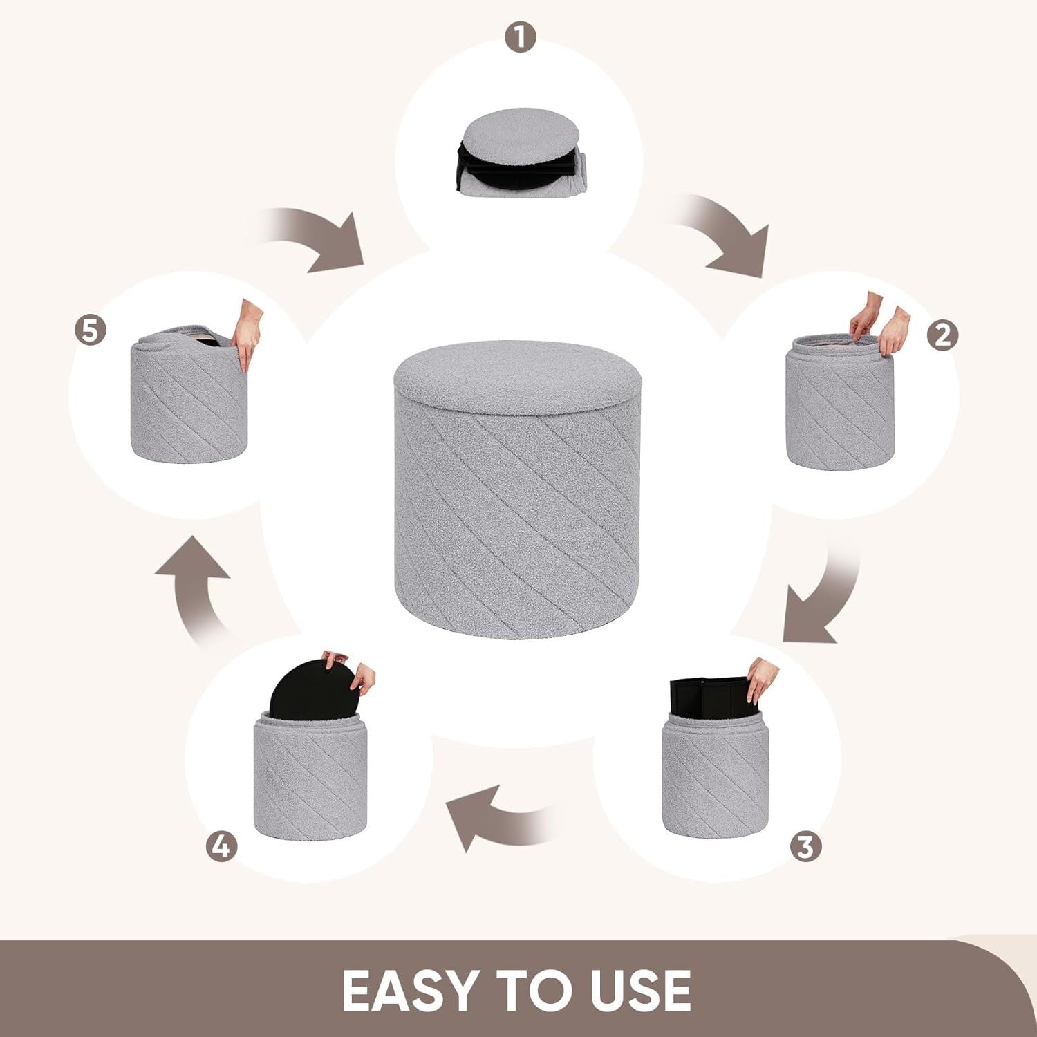 Grey Round Storage Ottoman Footstool 3-in-1 Seat with Lid 43x43x45cm