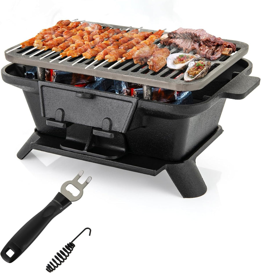 Portable Cast Iron Hibachi BBQ Grill Charcoal Stove Double Sided Grate Outdoor