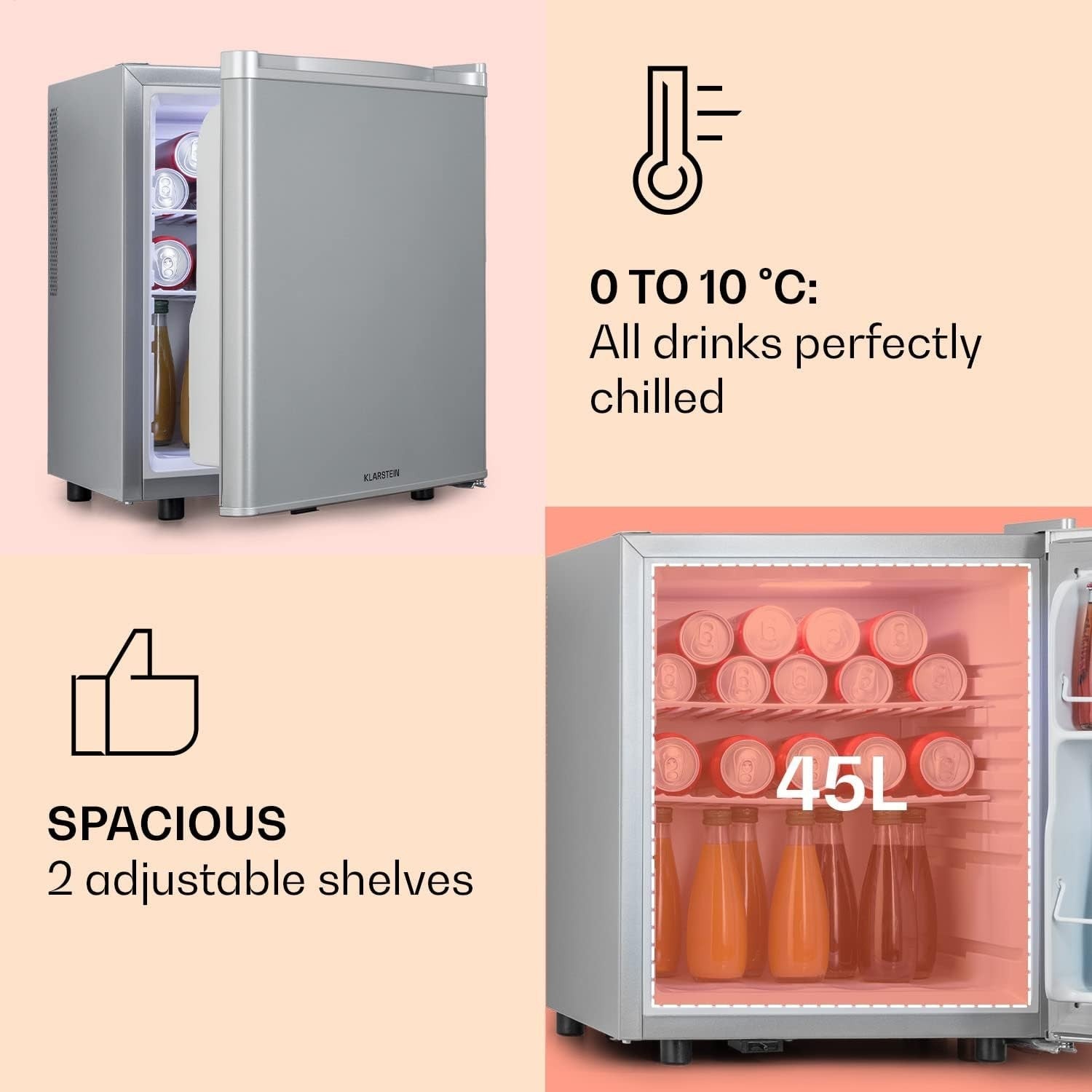 45L Mini Fridge Silver Portable Cooler and Drinks Fridge Adjustable Shelves