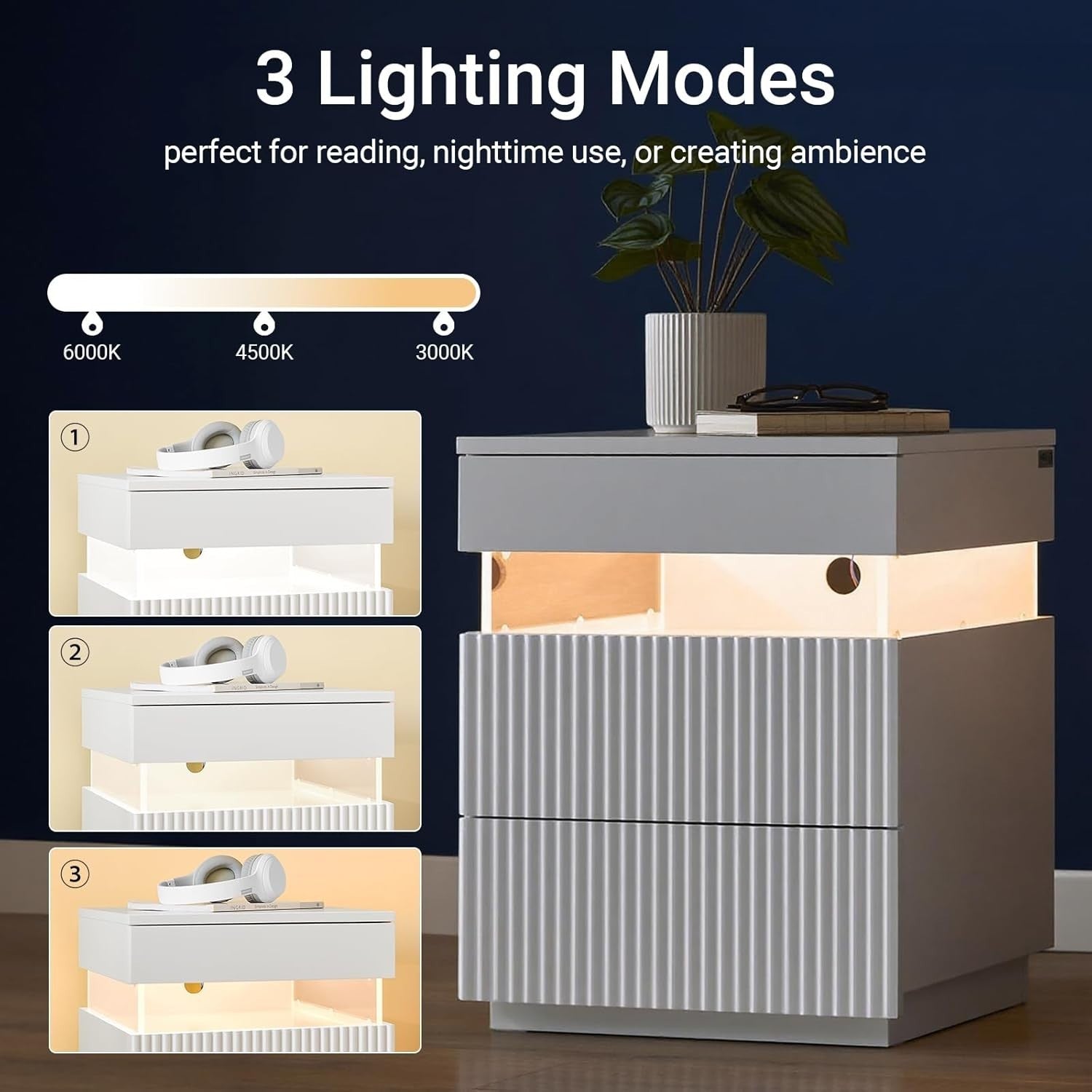 Modern White Bedside Table with LED Light & 3 Drawers – Ambient Nightstand