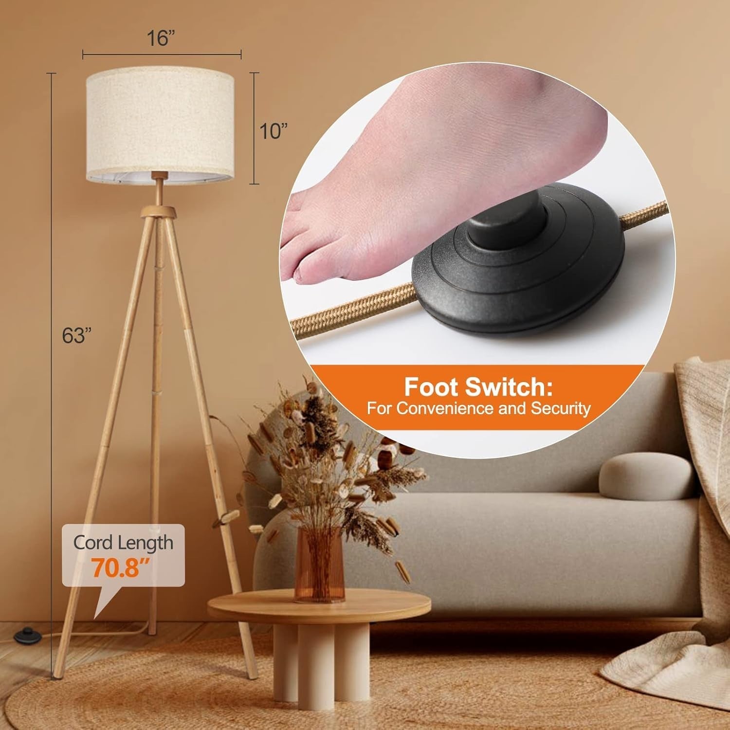 Wooden Tripod Floor Lamp Dimmable LED with Remote Linen Shade 160cm