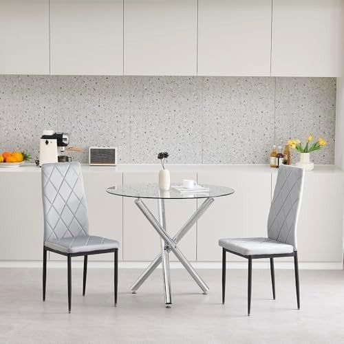 Round Glass Dining Table Set with 2 Grey Velvet Chairs for Small Spaces