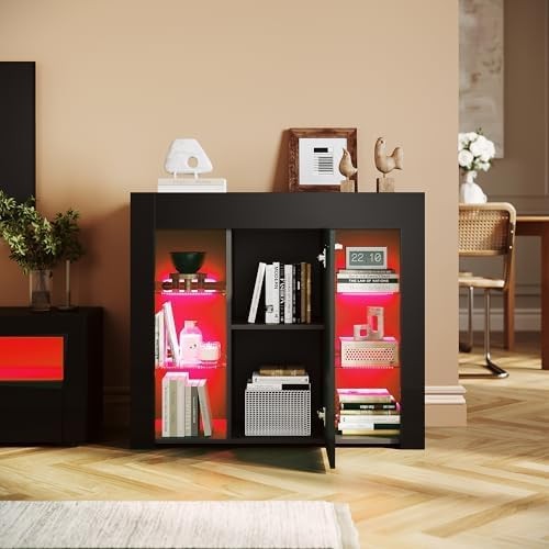 Black Gloss LED Sideboard Cabinet with Central Door & Shelves Modern TV Storage