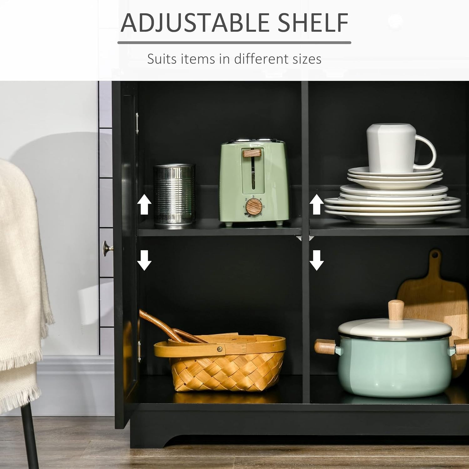 Modern Black Sideboard Buffet Cabinet with Adjustable Shelves & Storage Drawers