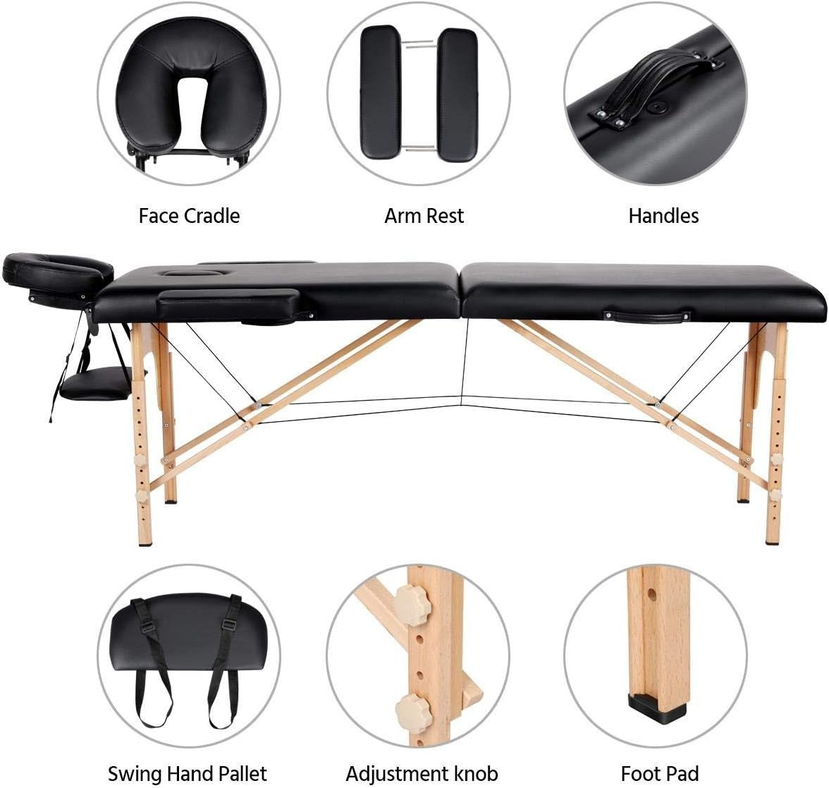 60cm Portable Massage Table | Foldable Wooden Lash Beauty Bed 2-Section Black