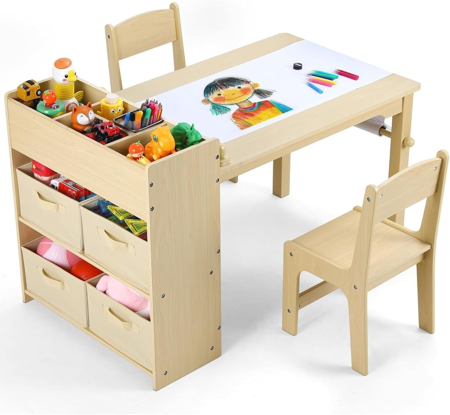 Kids Art Table and Chair Set with Storage Boxes Paper Roll Holder Drawing Desk