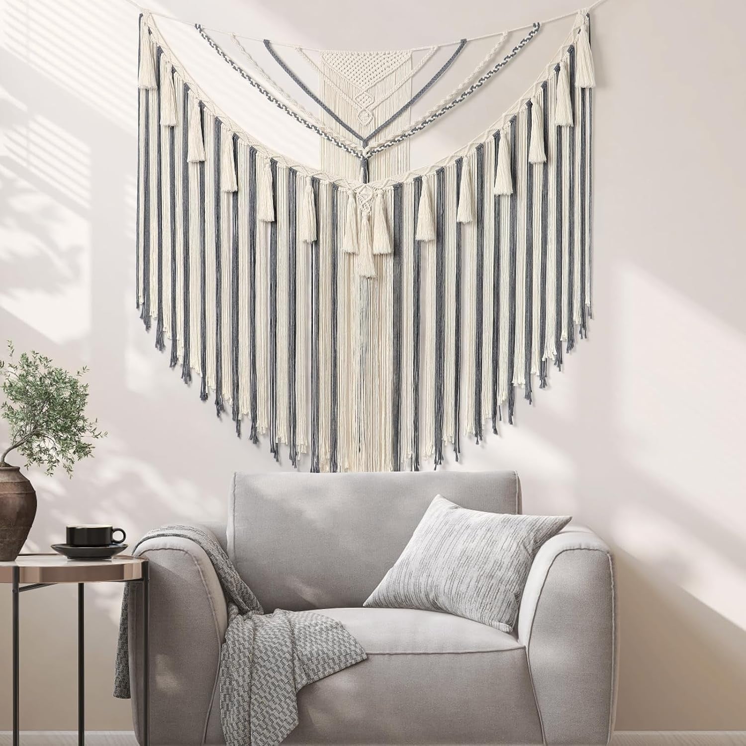 Large Grey Boho Macrame Wall Hanging 43"x35" Geometric Decor
