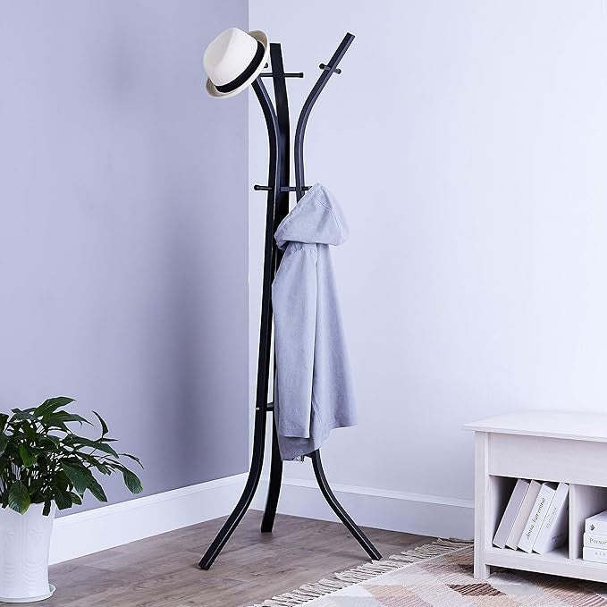 Black Metal Freestanding Coat & Hat Rack | 9 Hook Standing Organizer for Hallway