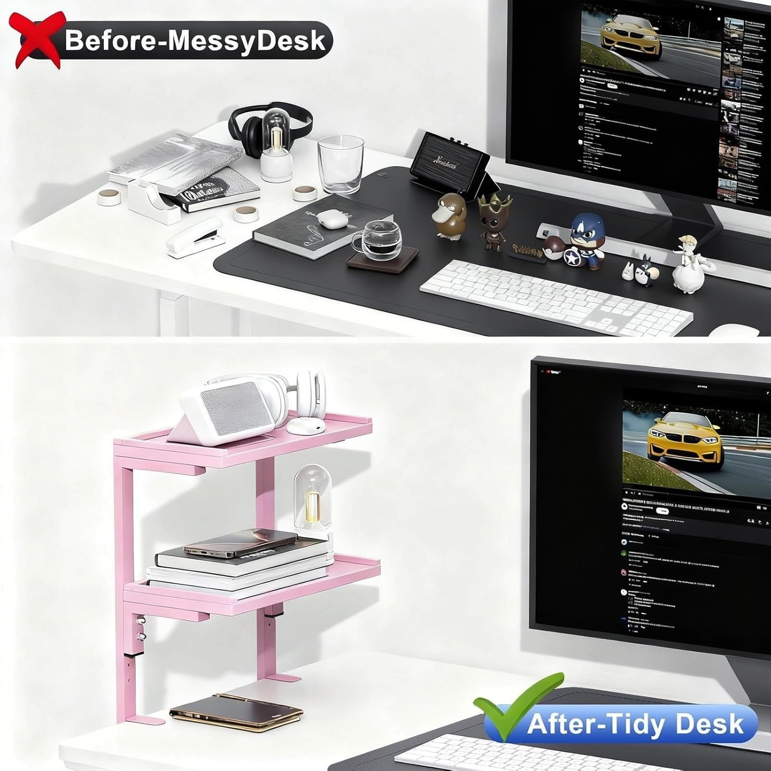Pink Clamp-On Desk Shelf 2-Tier Adjustable Desktop Organizer Storage Rack