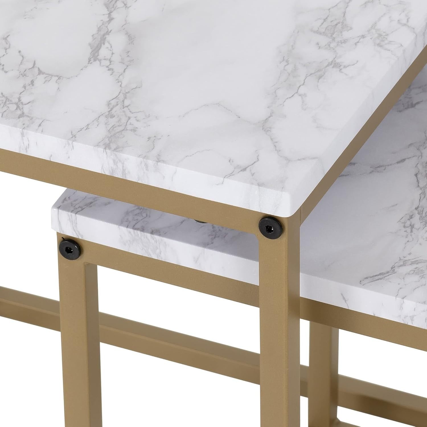 Modern Nesting End Tables Marble Gold Effect Metal Frame 2 Pcs Square Side Set