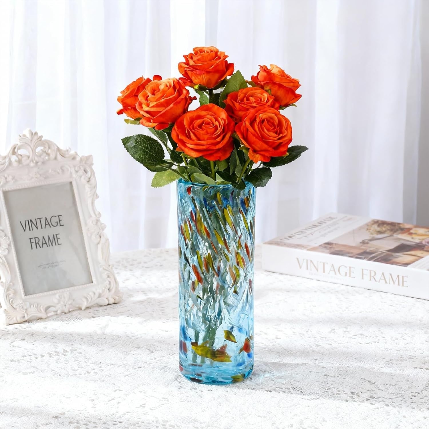 Hand Blown Aqua Glass Vase 24cm Tall Modern Flower Centerpiece Decor