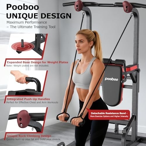 Black Power Tower Dip Station Pull-Up Bar with Supine Board Home Gym