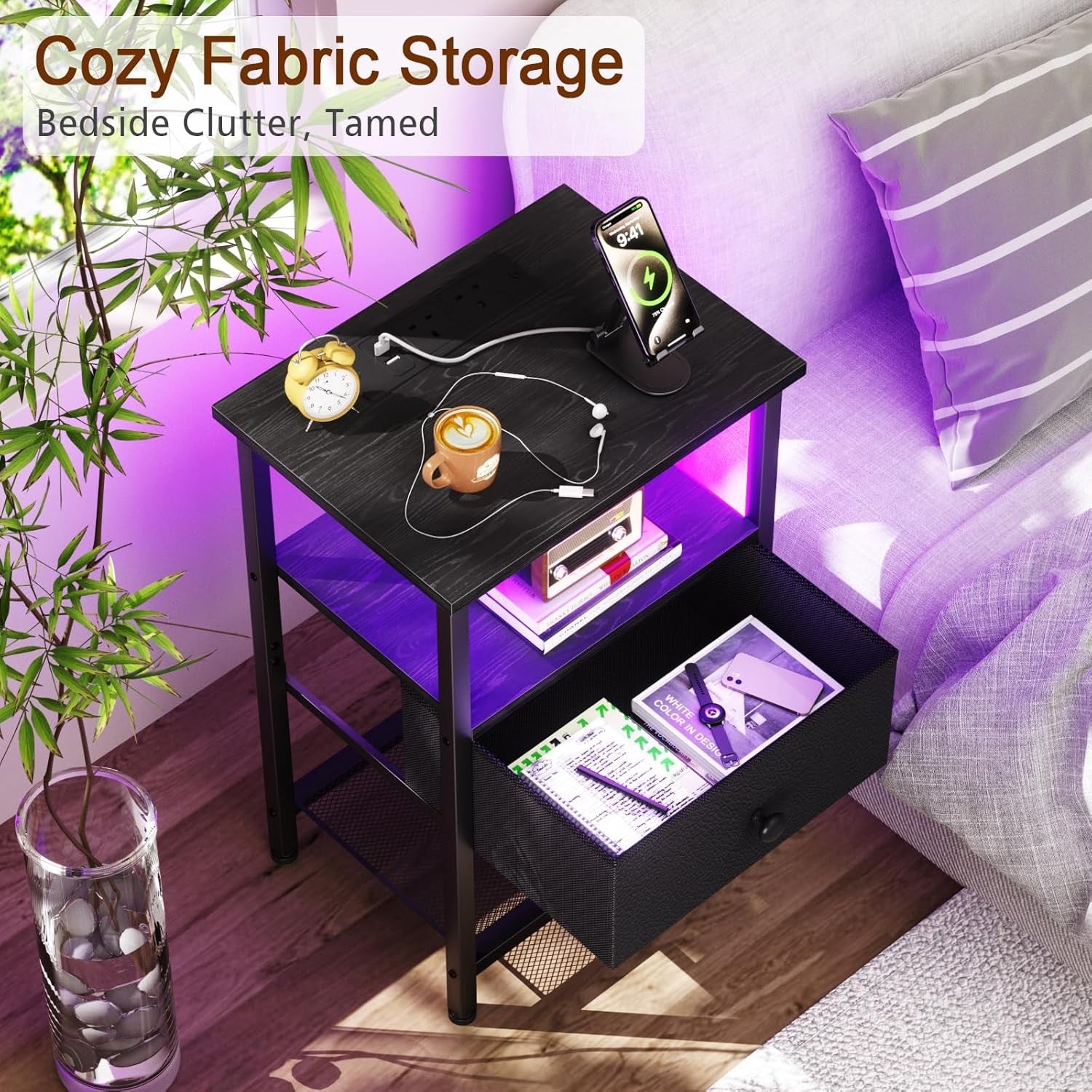 Black LED Bedside Table with Charging Station Drawer & Storage Shelf