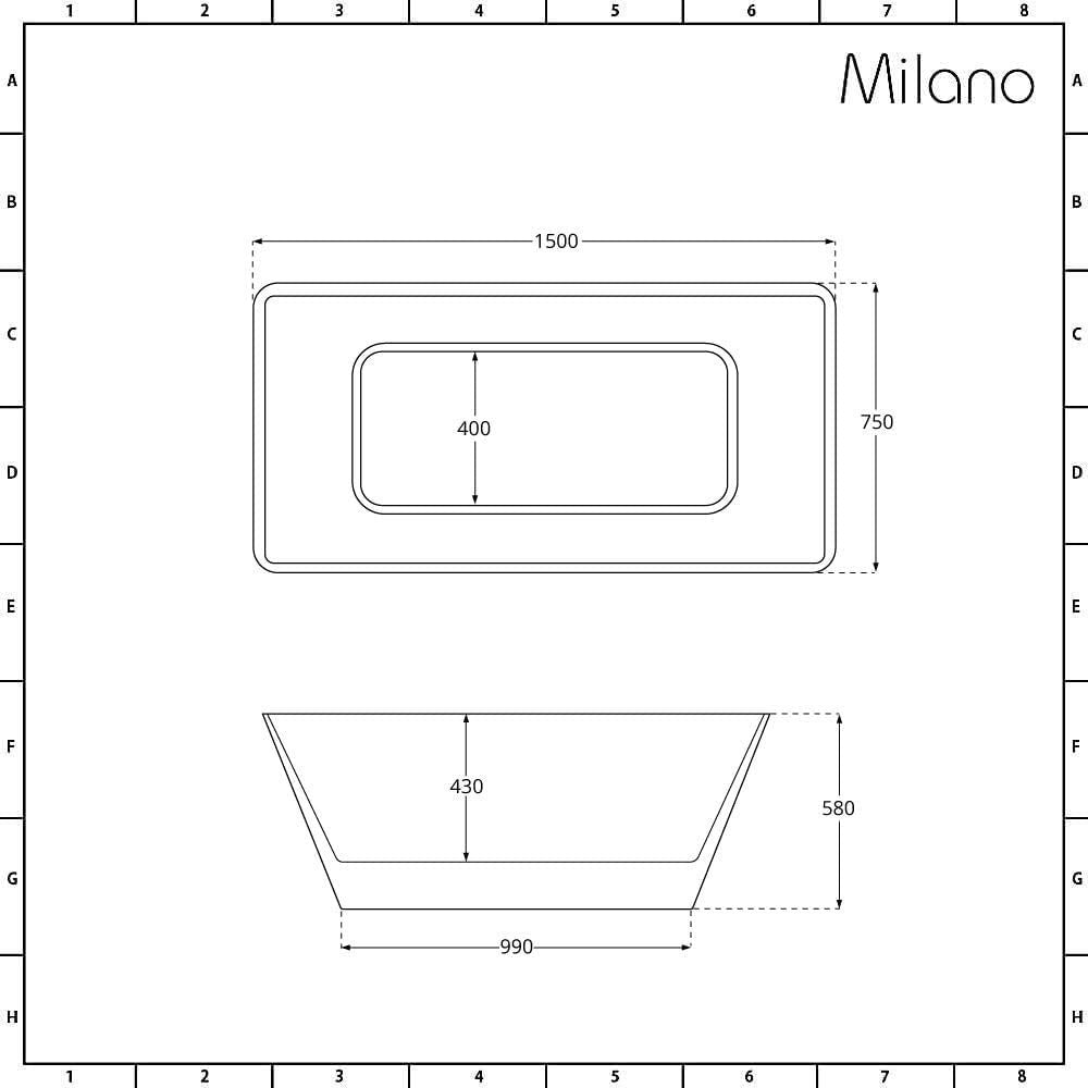 1500x750mm Freestanding Double Ended Square Bath White Acrylic w/ Chrome Waste
