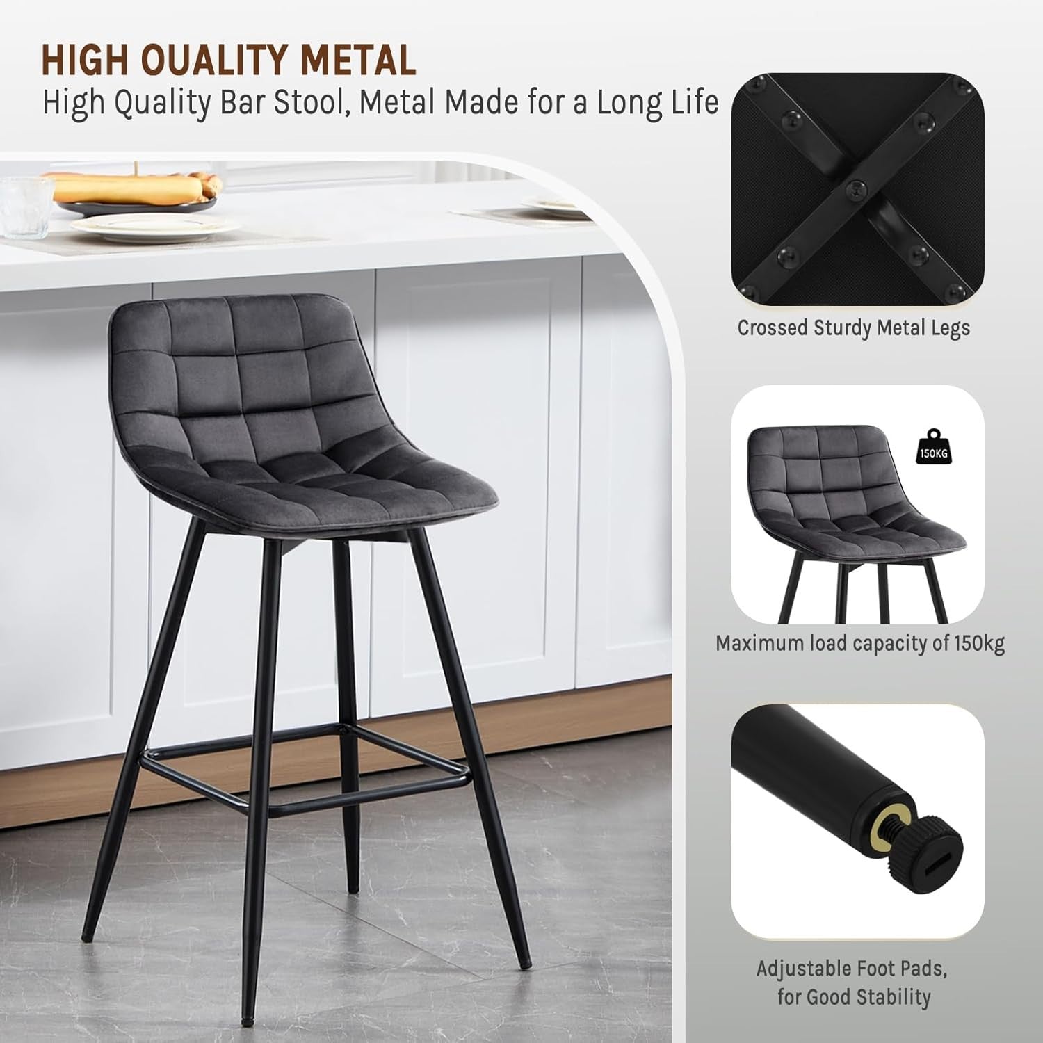 Dark Grey Faux Leather Bar Stools Set of 2 Ergonomic Kitchen Counter Seats