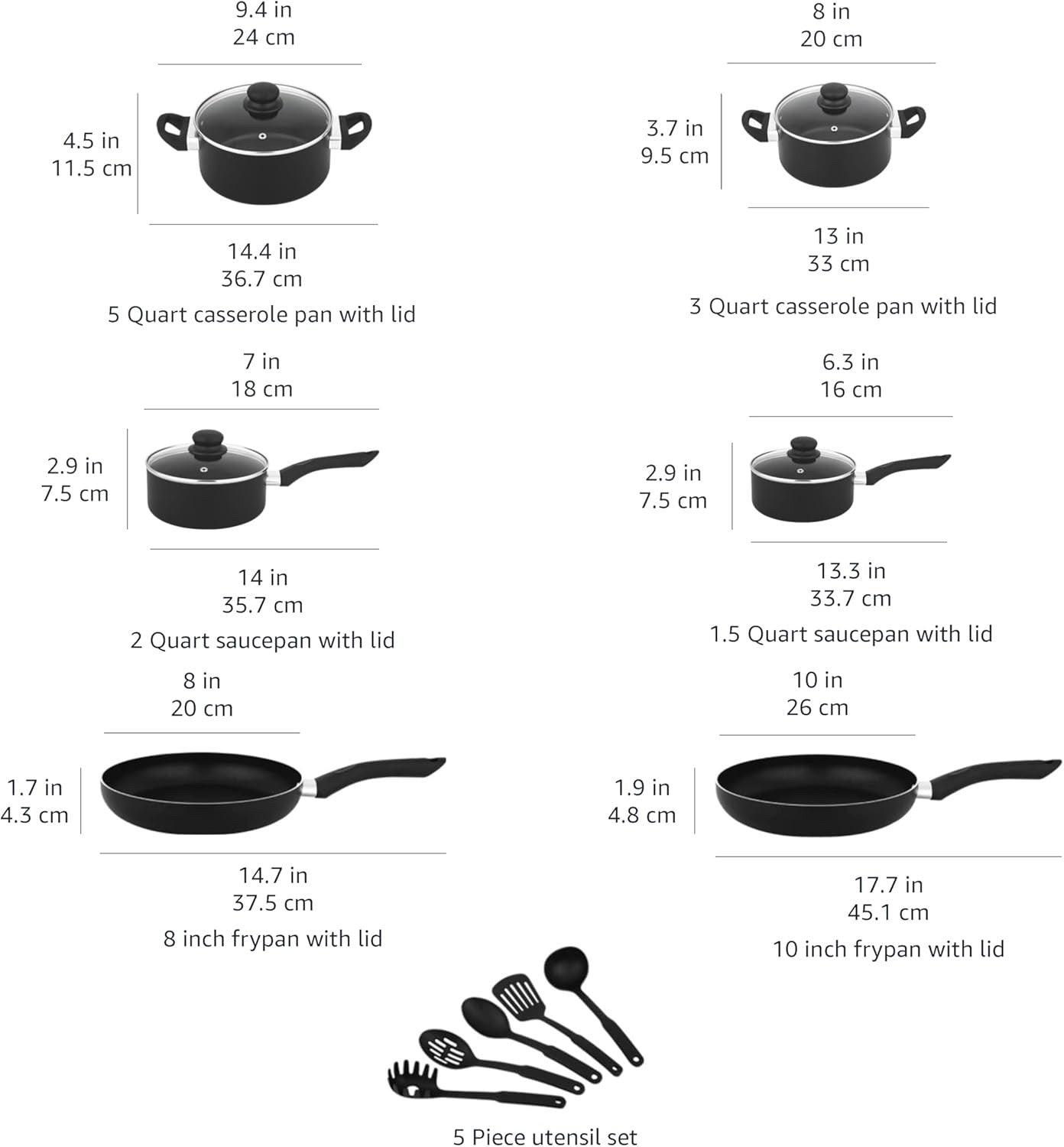15pcs Non Stick Cookware Set – Pots & Frying Pans with Utensils Black
