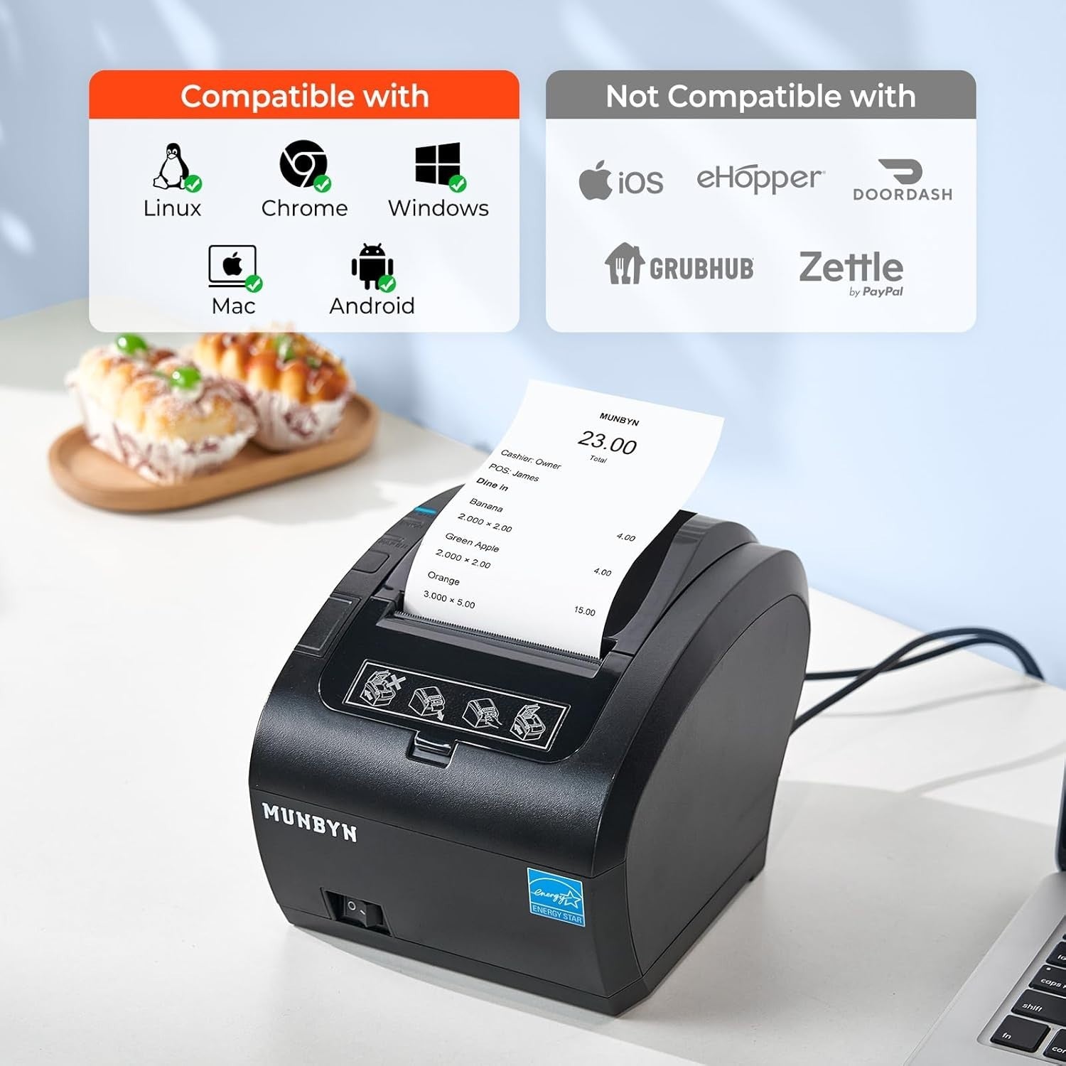 Thermal Receipt Printer POS Bluetooth USB Ethernet for Shop Home Black