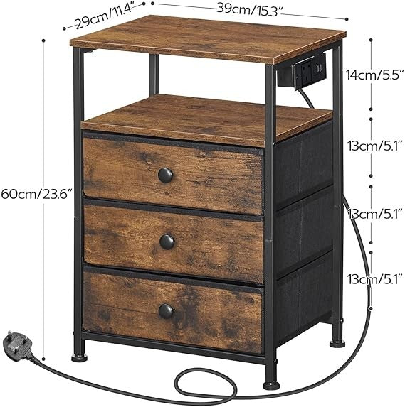 Rustic Bedside Table with Charging Station, 3 Drawers, USB Ports Modern