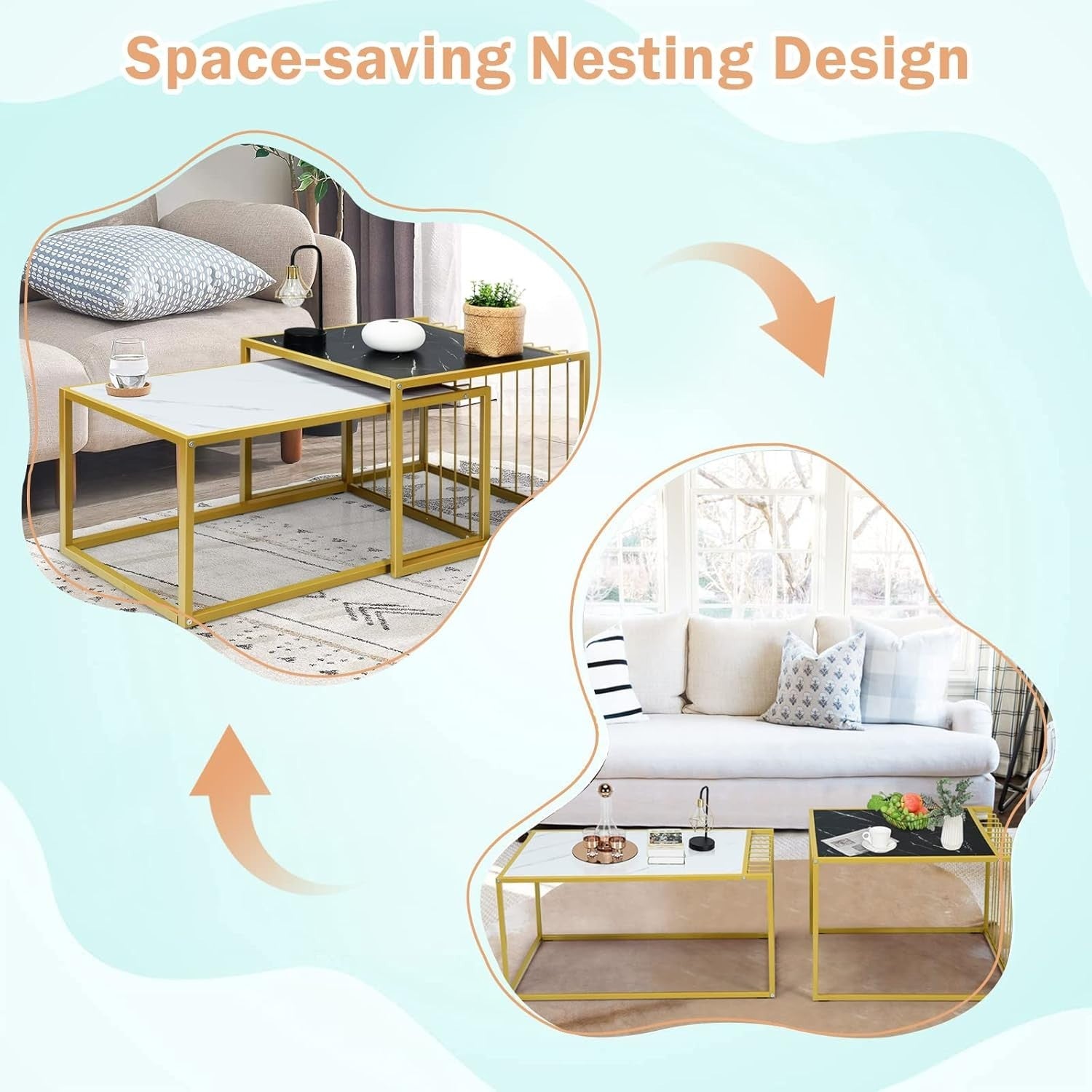2X Modern Square Nesting Coffee End Tables Faux Marble Top Metal Frame 50KG
