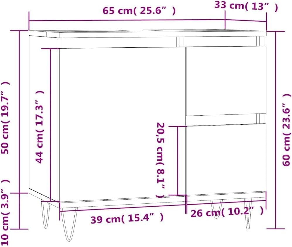 Smoked Oak Bathroom Vanity Cabinet 65cm Under Sink Storage Unit Cupboard Drawers