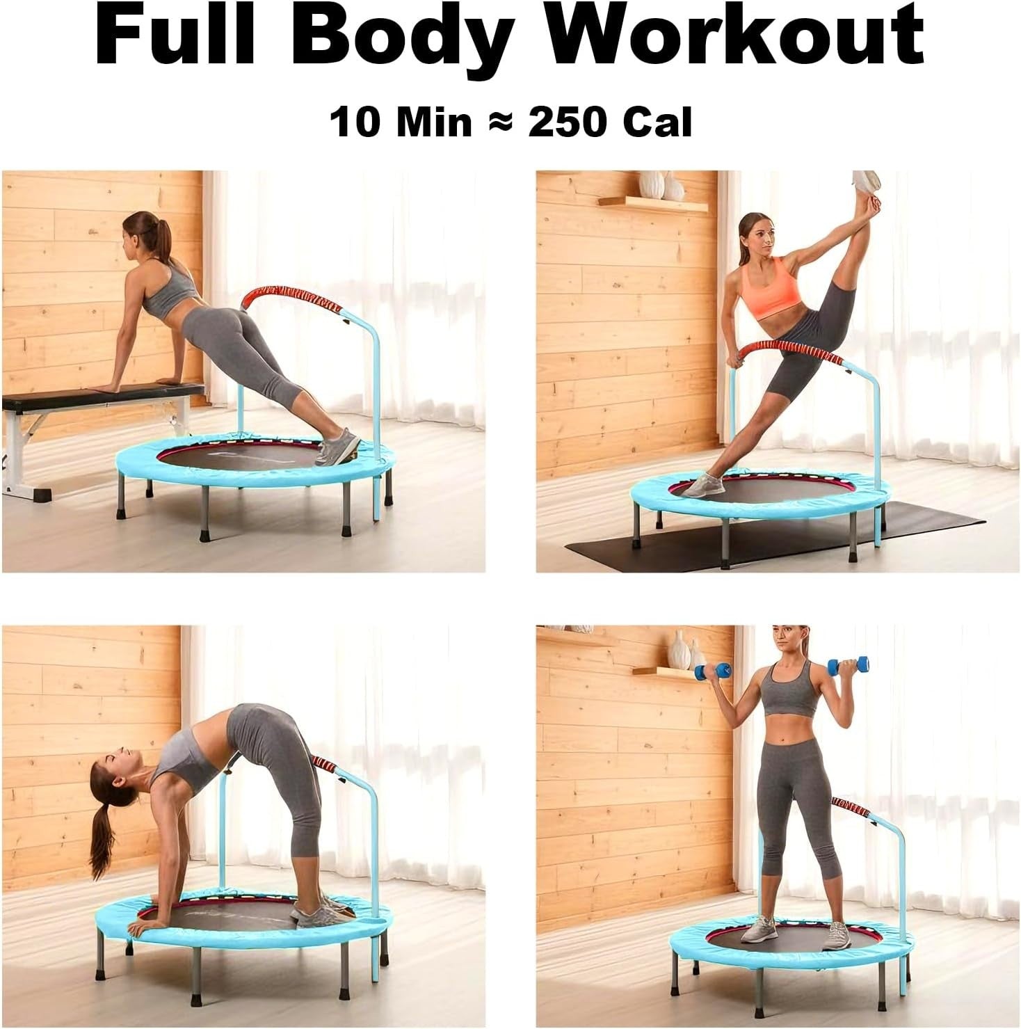 38'' Foldable Fitness Trampoline Adult Rebounder Adjustable Handle 220lb
