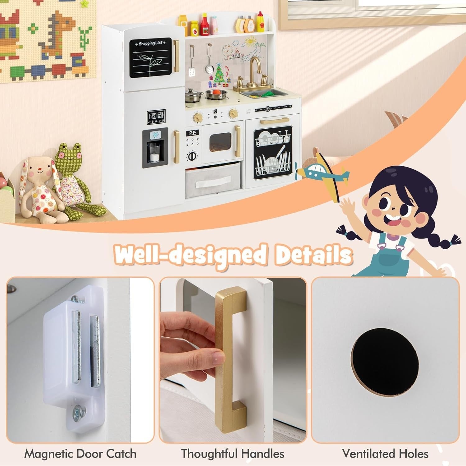 Kids Wooden Play Kitchen w/ Chalkboard Ice Maker White Toy