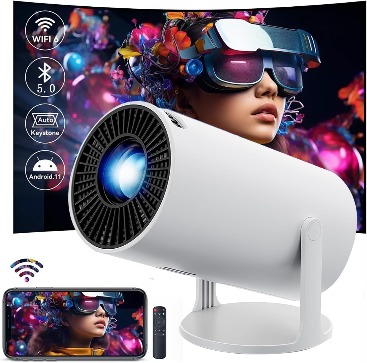 4K Smart Mini Projector WiFi 6 Bluetooth Android Auto Keystone