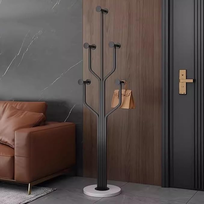 Modern Black Metal Coat Rack Stand | Freestanding Hall Tree with Marble Base 175