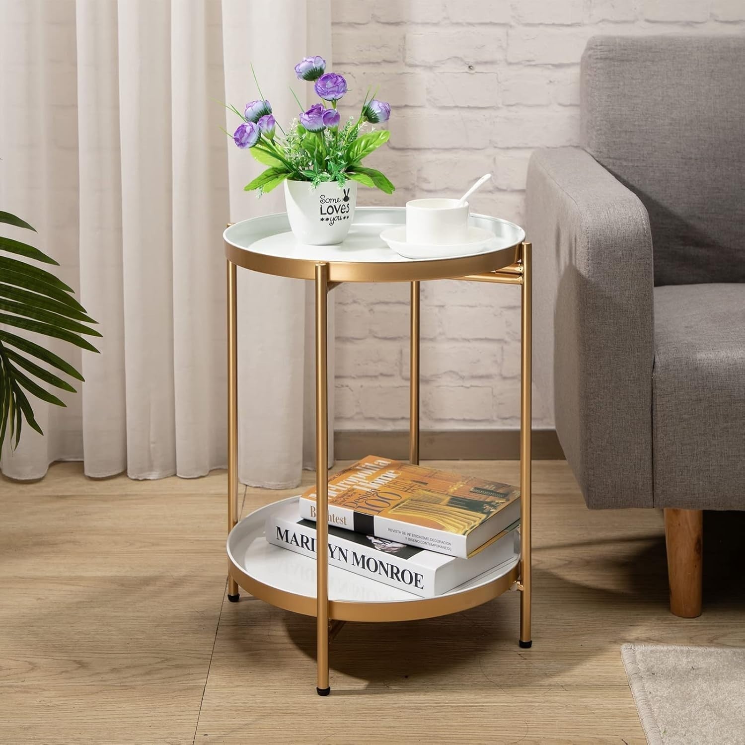 Round Metal Side Table with Removable Tray – Small Coffee Table Grey & Gold