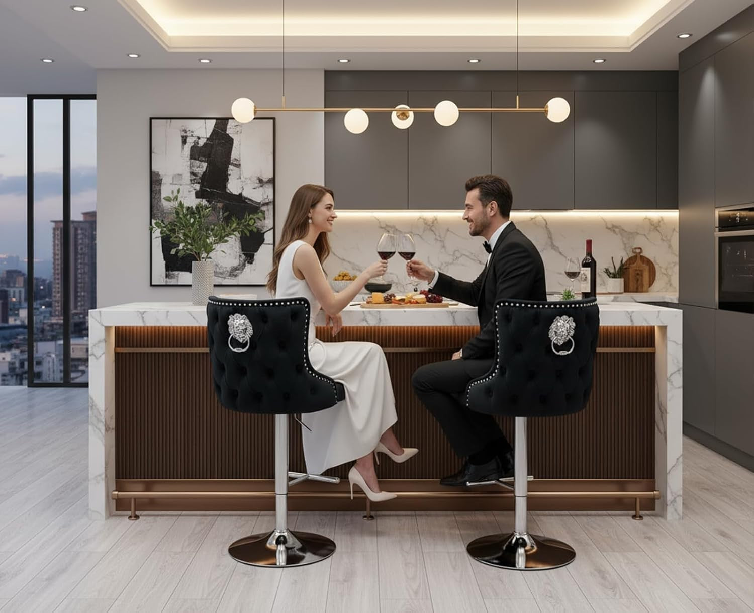 Luxury Velvet Bar Stools Set of 2 | Black Swivel Counter Chairs w/ Lion Detail