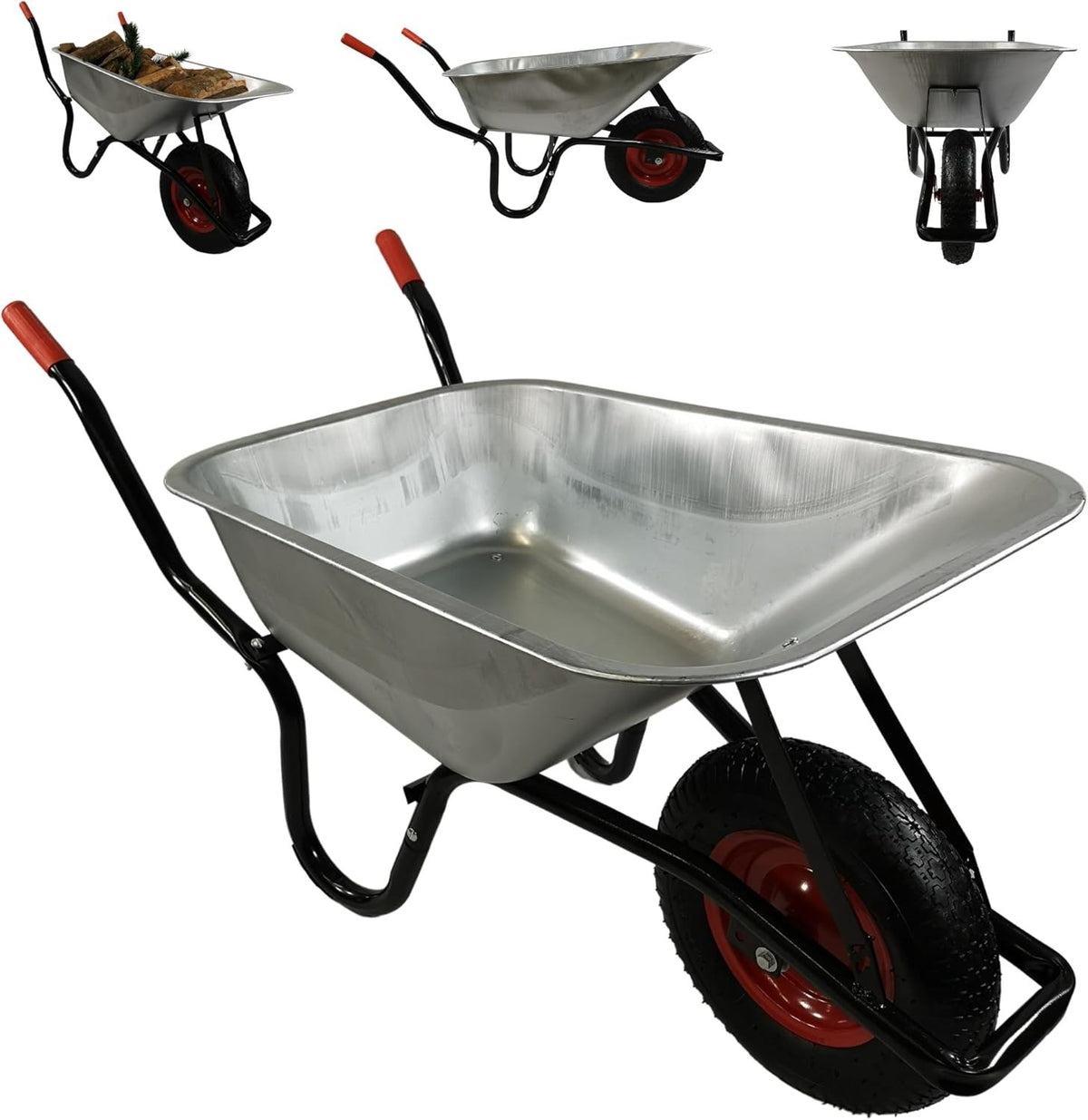 90L Heavy Duty Wheelbarrow Silver – Galvanise Metal Tray w/ Pneumatic Tyre 150kg