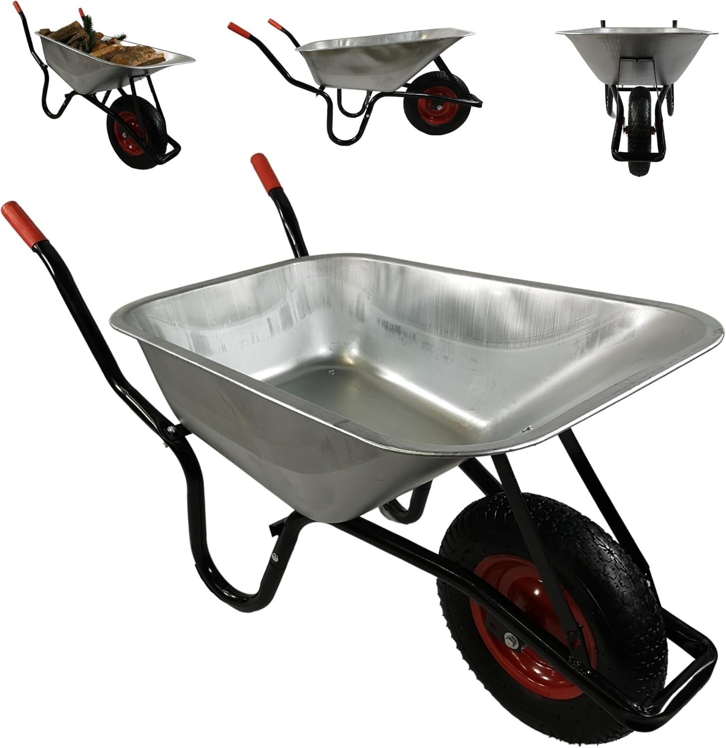 90L Heavy Duty Wheelbarrow Silver – Galvanise Metal Tray w/ Pneumatic Tyre 150kg