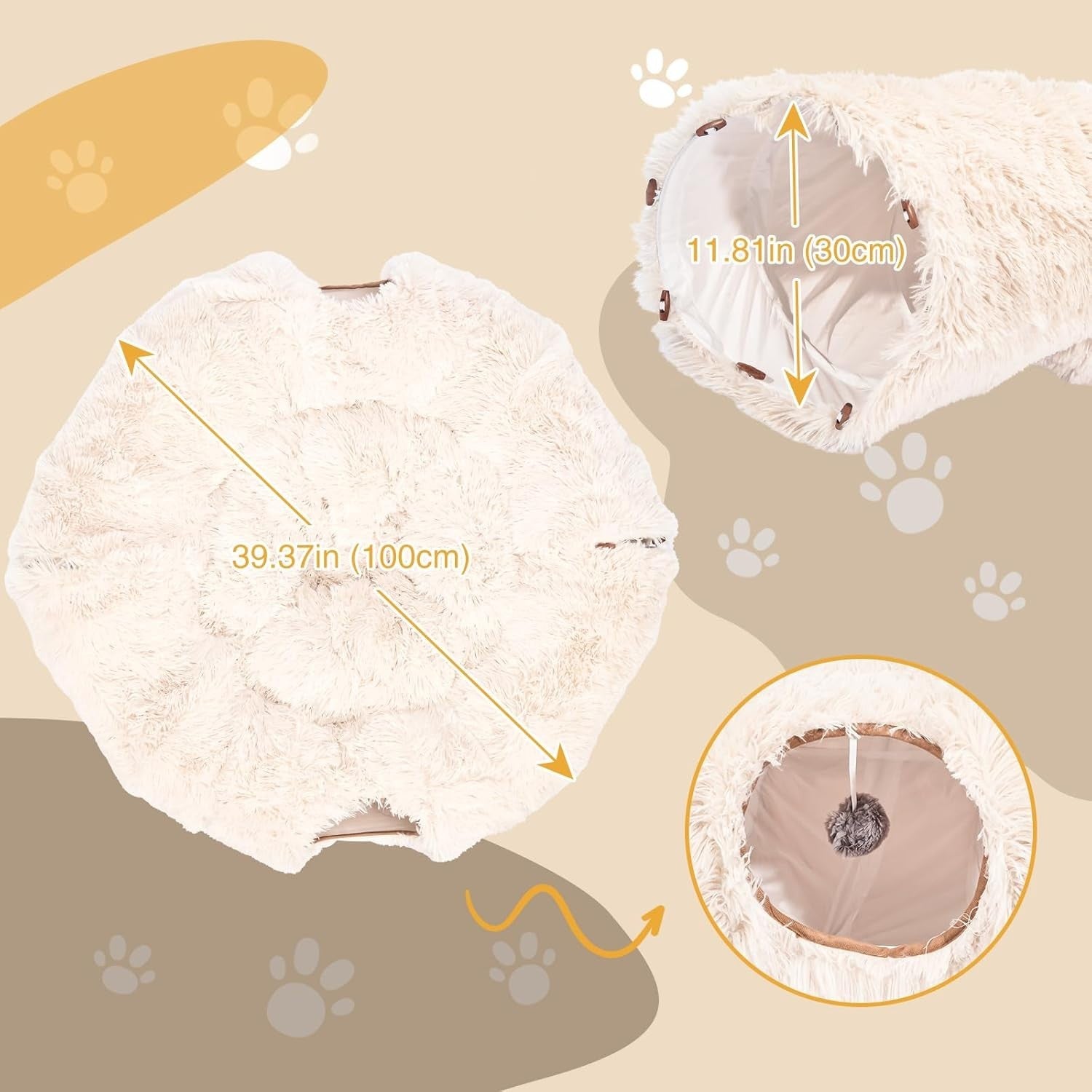 Cat Tunnel Bed Plush Donut Play Tunnel Large Circle w Cushion Beige