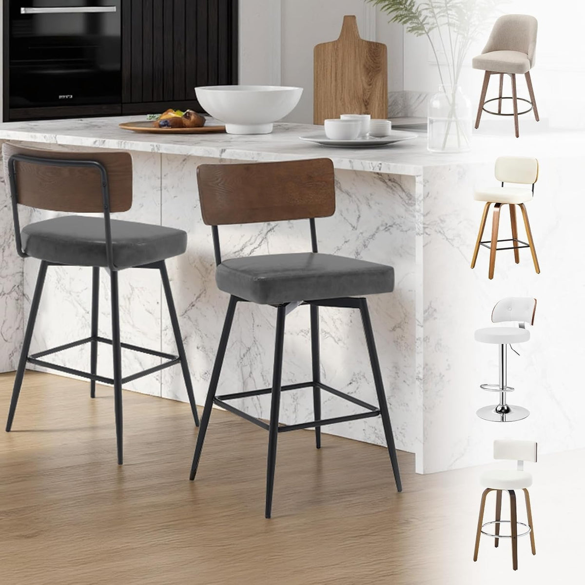 Swivel Bar Stools Set of 2 PU Leather Grey Wood Back 65cm Seat