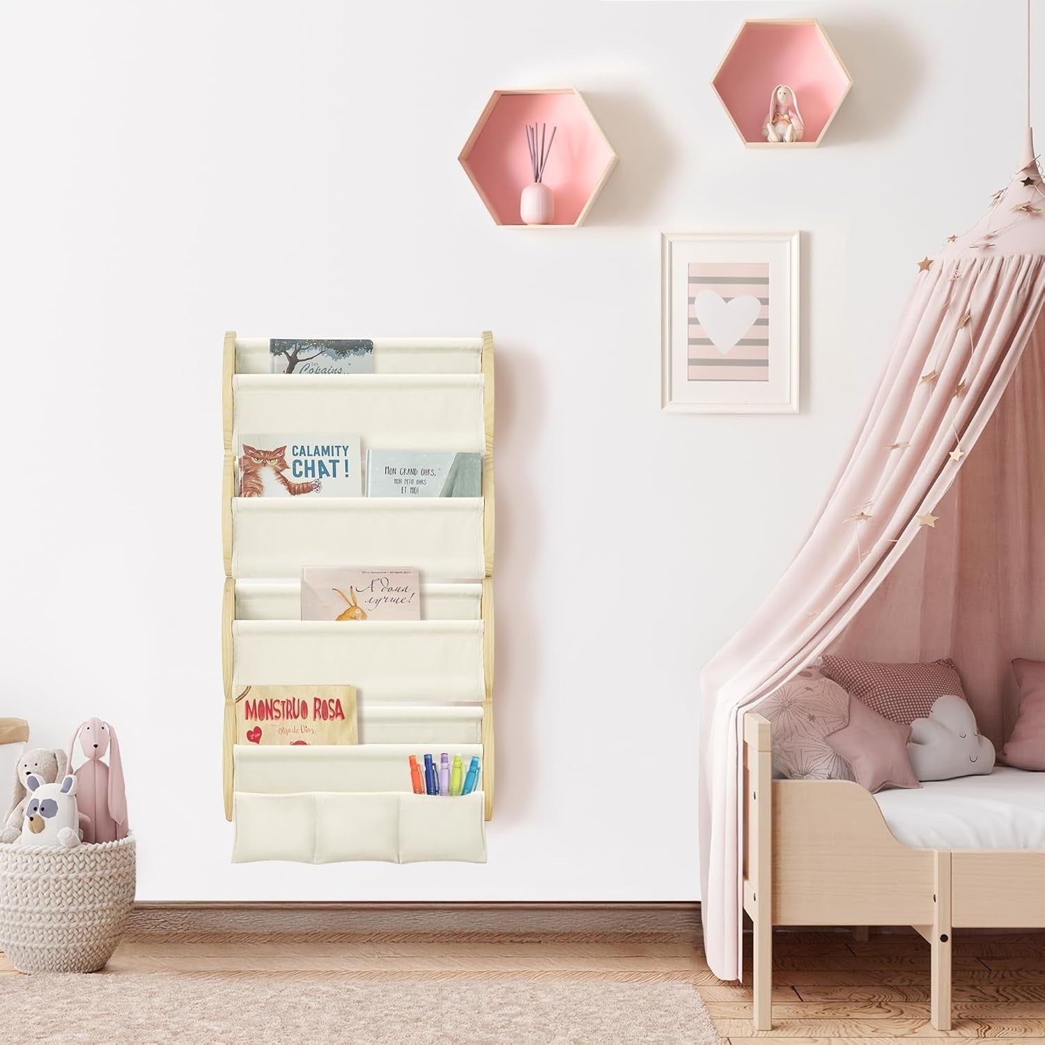 4-Tier Wall Mounted Kids Bookshelf with Fabric Sling & 3 Pockets, Cream