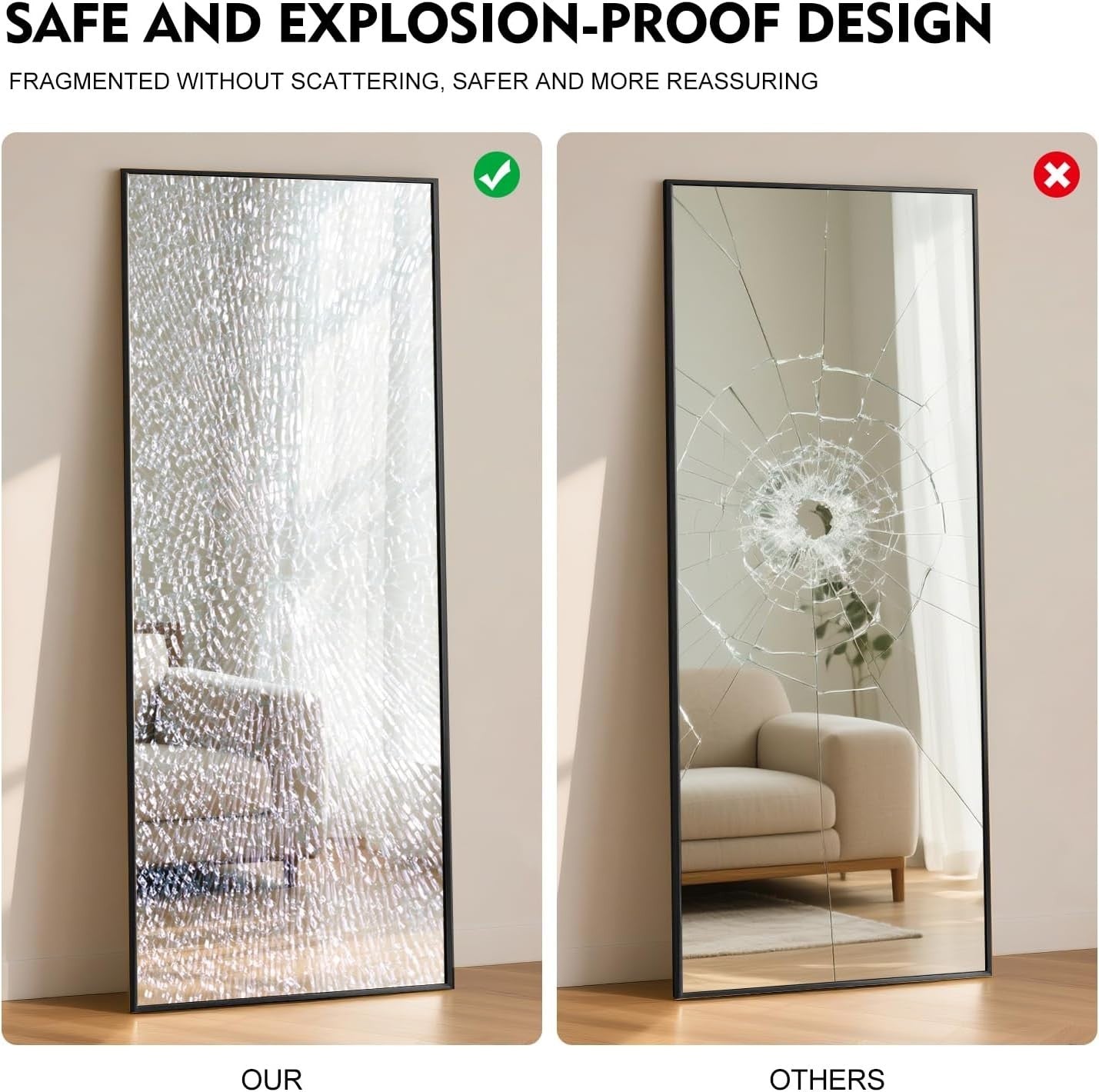 Large Full Length Mirror 165x60cm Wall Leaning, Shatterproof Glass Frame