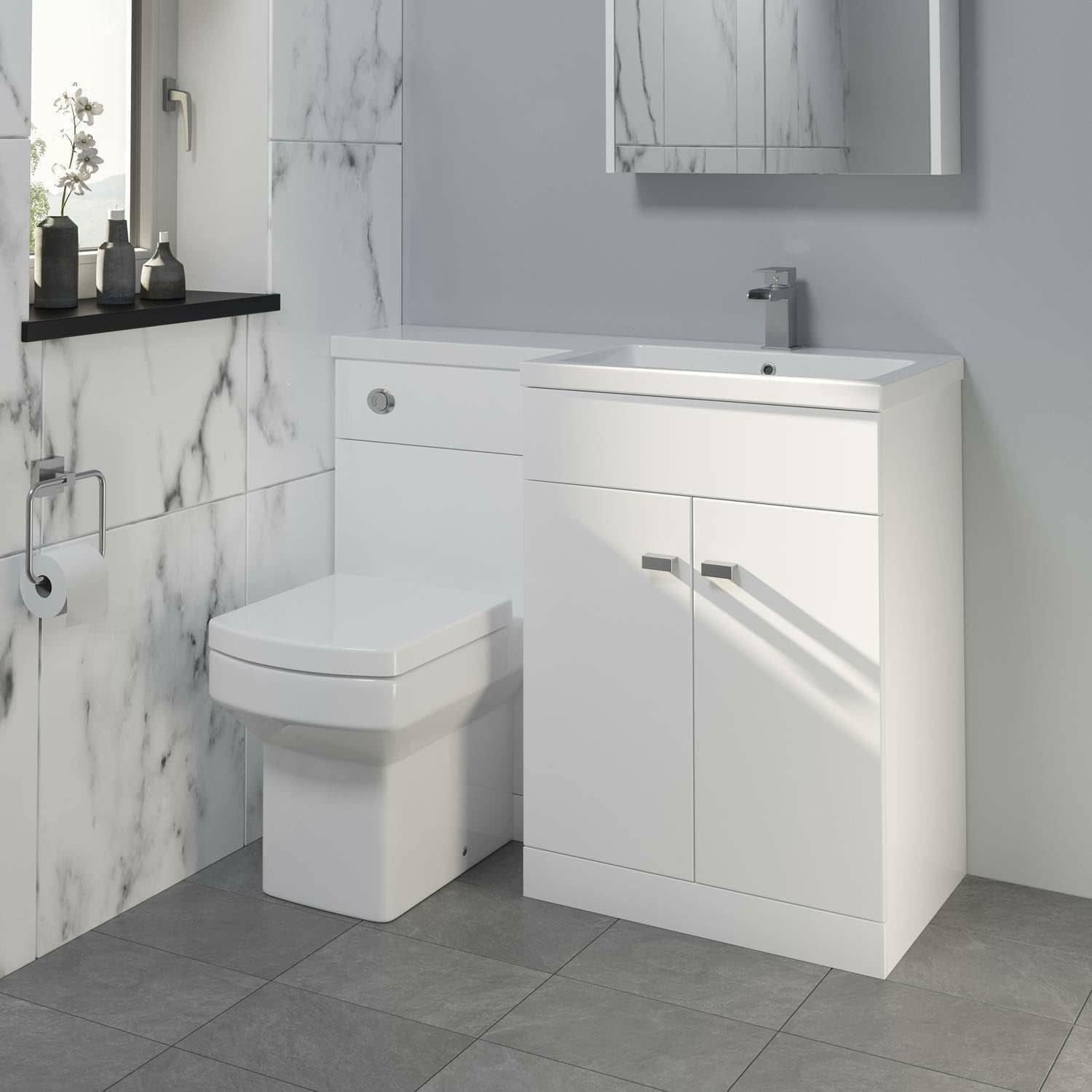1100mm L Shape Bathroom Vanity Unit with Basin & Toilet High Gloss White