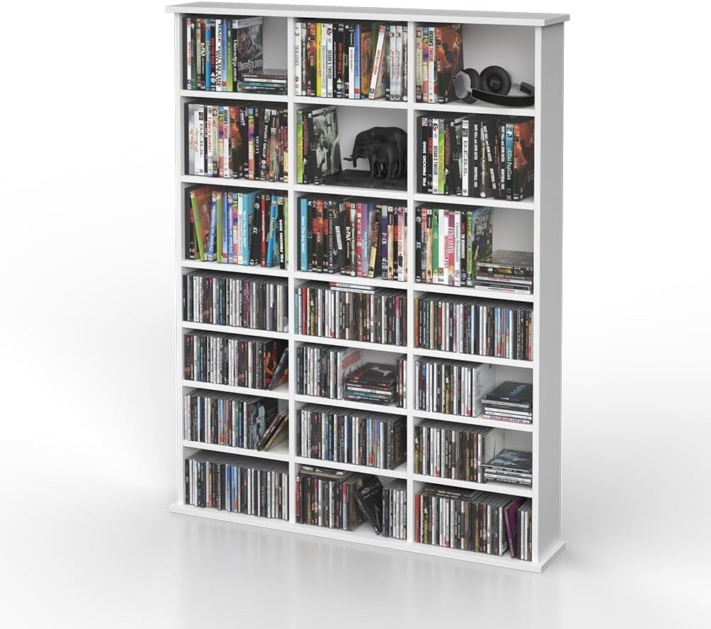 Large CD DVD Blu Ray Storage Shelf Cabinet 21 Compartments White Rack