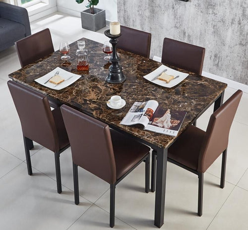 6 Seat Marble Dining Table Set with Faux Leather Chairs in Brown 150cm MDF